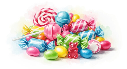 A colorful illustration of assorted candies and sweets in a whimsical pile viewed from above © Avra