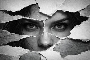 Intense Gaze: A Woman's Eyes Peeking Through Torn Paper in Monochrome