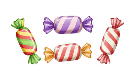 Obraz premium Colorful candy collection with assorted wrappers and vibrant stripes displayed on a transparent backdrop from a straightforward viewpoint