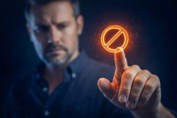 Man Interacting with a Futuristic Digital Interface Touching a Denial Icon