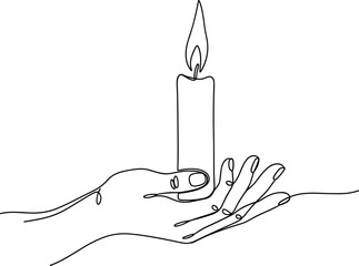 Minimal line art hands holding burning candle, symbol of hope, remembrance, prayer, peace, and spiritual light for memorial, healing, and mindfulness design concepts