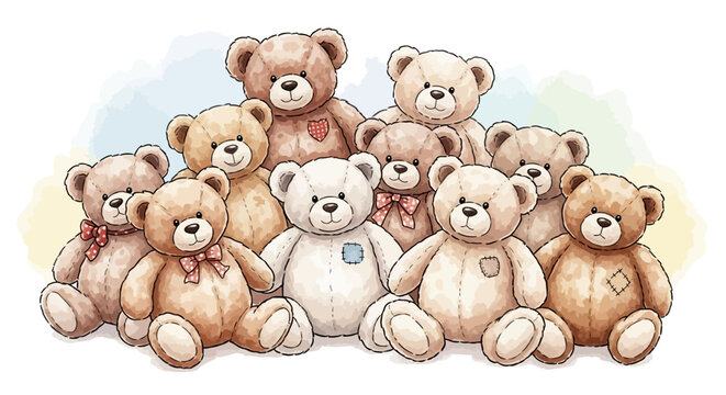 A group of adorable teddy bears gathered together in a cute cluster illustration