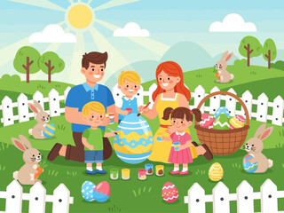 Obraz premium Happy family painting Easter eggs together outdoors.