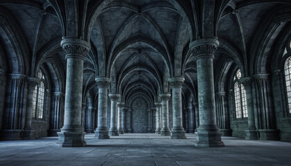 Naklejka premium Gothic medieval stone hall interior with vaulted arches and columns, dark architectural background, symmetrical perspective. Generated image
