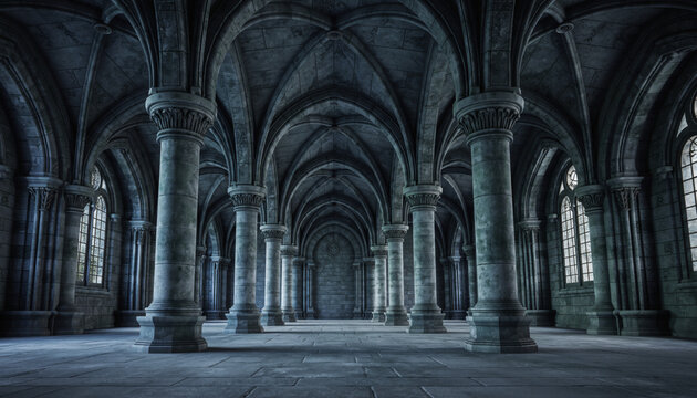 Gothic medieval stone hall interior with vaulted arches and columns, dark architectural background, symmetrical perspective. Generated image