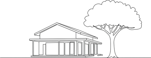 Minimal line art house with tree landscape, modern home exterior illustration for real estate, architecture design, eco living, and peaceful residential lifestyle concepts