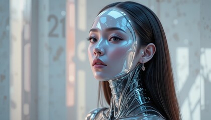 Elegant Female Android with Chrome Holographic Skin