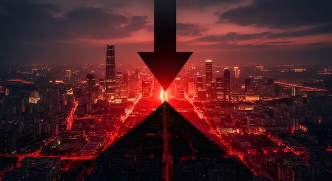 Red downward arrow over a dark city skyline. Economic crisis concept with falling market prices and financial downturn. Global recession.