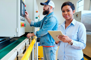 Caucasian young adult man operating industrial control panel while Black young adult woman holding digital tablet standing nearby in manufacturing facility, both focused on tasks