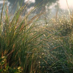 Close up of grassy plants with water droplets illuminated by sunlight