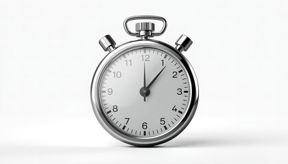 A silver stopwatch with a white face sits on a plain white background, ready for action.