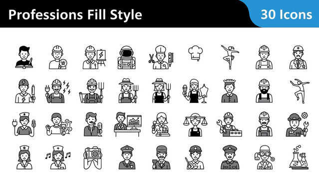 Collection of 32 fill style icons representing various professions and characters in a simple graphic format