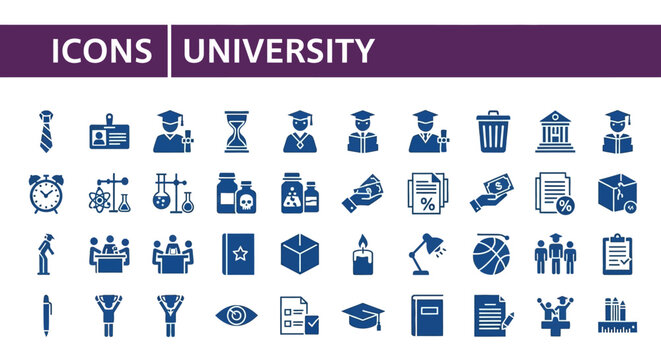 Collection of education and university icons in blue tone, featuring various symbols and elements, vector illustration, university setting, flat design, icons collection