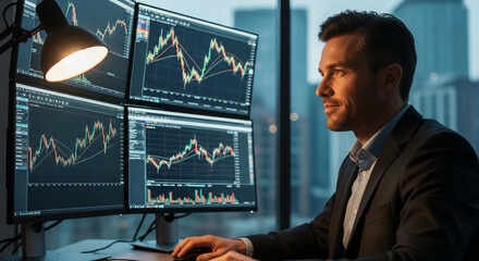 A focused businessman analyzing stock market data on multiple computer screens in a modern office with a cityscape background.