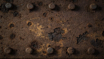 Heavily Weathered and Aged Steel Plate with Prominent Rivets Showing Extreme Rust and Patina, Excellent for Grunge Backgrounds and Industrial Texture Overlays