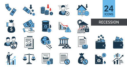 Collection of icons depicting financial concepts and recession indicators in a digital illustration style