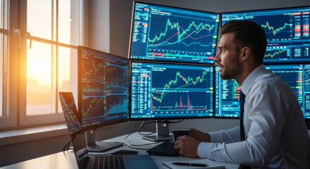 Focused businessman analyzing financial data on multiple computer monitors in a modern office with a calm and professional mood.