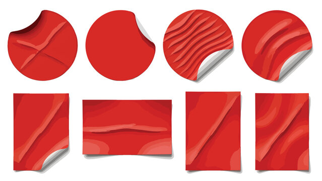 Set of Red Round and Rectangular Stickers With Torn and Wavy Effects