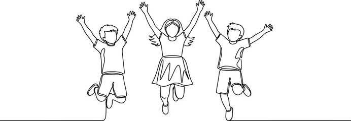 Minimal line art children jumping with raised hands, happy friendship and freedom concept illustration for childhood joy, playtime, energy, and positive lifestyle themes
