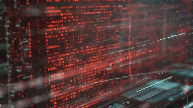Futuristic computer interface close-up, red programming code cascading screen, glitch distortions, digital noise flickering symbols, holographic 3D code structures floating display, AI debugging error