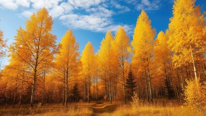 Fototapeta premium Vibrant yellow aspen trees stand tall against a bright blue sky with white clouds in a serene autumn landscape with a dirt path leading through the forest