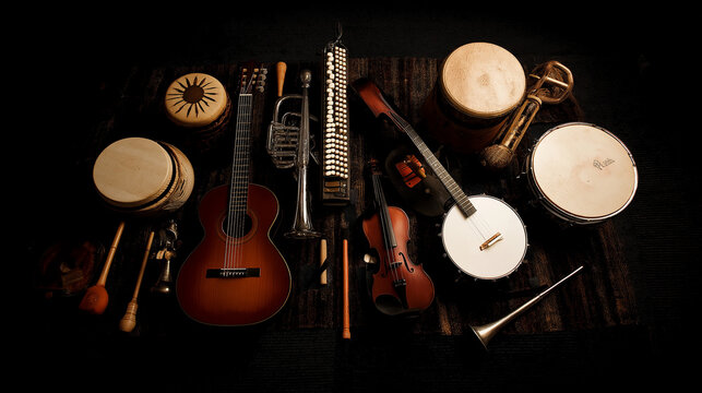 violin. Artistic arrangement of musical instruments under soft lighting against a dark backdrop. menu design, packaging mockups, designed for culinary blogs and recipe cards for restaurants.