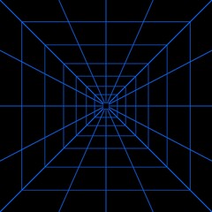 Abstract blue perspective grid tunnel on black background, representing depth, infinity and digital space for technology and futuristic design concepts.