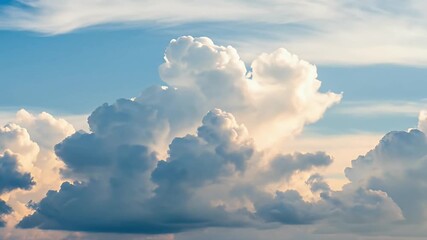 A breathtaking panoramic view of the sky filled with majestic, fluffy cumulus clouds. The soft, golden light of either dawn or dusk brilliantly illuminates the voluminous clouds, creating a dramatic a - Powered by Adobe