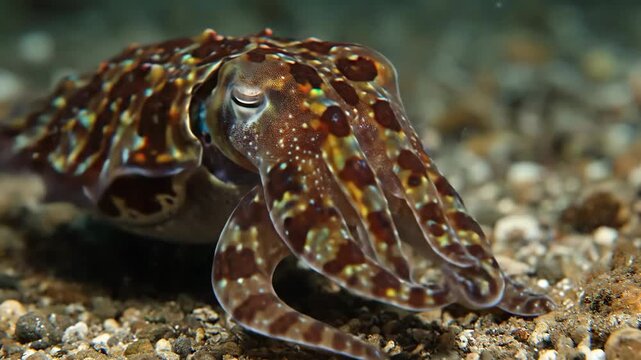 Cuttlefish exploring ocean floor with tentacles