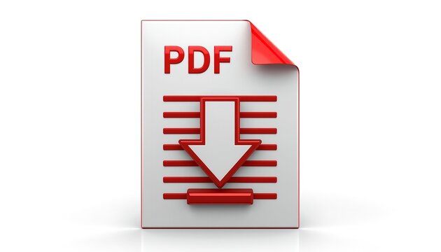 A 3D illustration of a PDF document with a red download icon on a white background