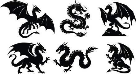  2026 Premium Dragon Animals Black Silhouettes Vector Logo Template Collection - 6 Pack Tribal Tattoo Style & Fantasy Mythical Creature Emblems Set for Branding and Design