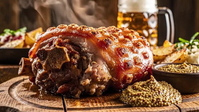 Deliciously roasted pork knuckle (Schweinshaxe) with crispy skin, served with whole grain mustard and a refreshing beer in a traditional setting.