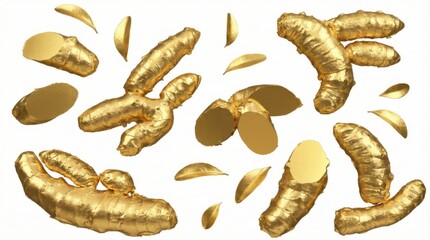 Shiny gold ginger roots and leaves isolated on white background luxurious decorative elements