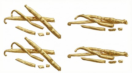 Elegant golden vanilla pods and small pieces isolated on white background luxurious spice collection