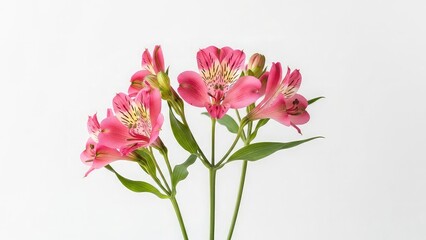 Obraz premium Vibrant pink alstroemeria flowers on green stems with white background with pink flowers and floral and botany and flower arrangement and plant