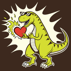 Cartoon Tyrannosaurus Rex wearing sunglasses holds a glowing red heart with stylized energy bursts emanating outward.