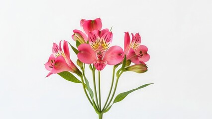 Obraz premium Vibrant pink alstroemeria flowers with yellow stamens on green stems against a clean white background for design and decoration with pink flowers