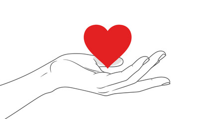 A hand holding a red heart symbol.