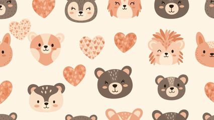 Cute seamless pattern with cartoon forest animals and hearts for Valentine's Day.