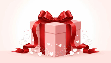 A pink gift box adorned with a red satin ribbon and hearts