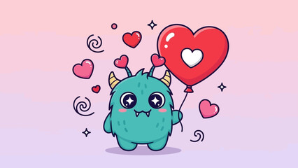 Cute monster with heart balloon celebrating love