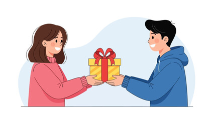 Happy young people exchanging a wrapped gift box.