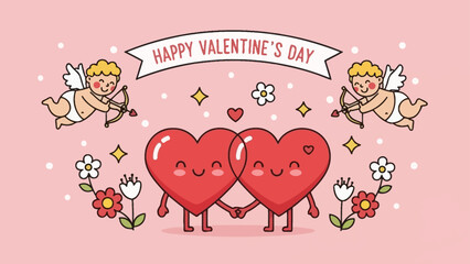 Happy Valentine's Day with cute hearts and flying cupid illustration