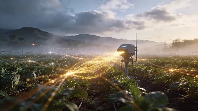 Smart agricultural drone with golden data lines in farmland with mountains
