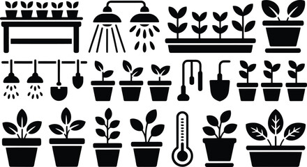 Collection of black silhouette icons depicting various gardening tools and potted plants for home growing