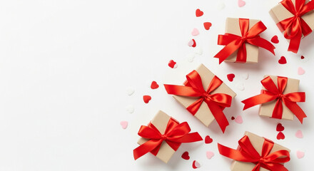Gift boxes with red ribbons and heart-shaped confetti on white background  