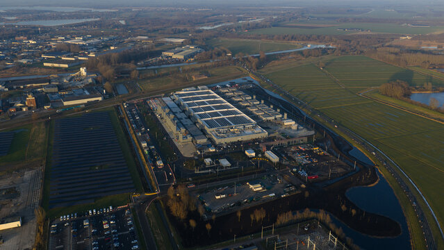 Aerial view of the expansive Google data center complex, a modern fortress of technology amid the rural landscape, Winschoten, Groningen, Netherlands.