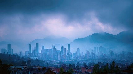 Foggy morning skyline with layered mountains in muted blue-gray palette.