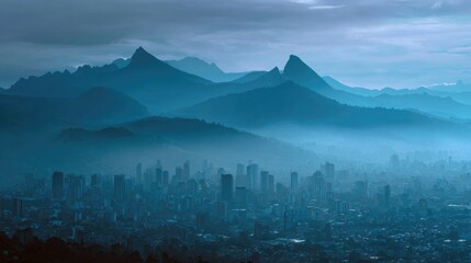 Obraz premium A foggy morning skyline appears with layered mountains in the background. Cinematic atmosphere and calm urban awakening.