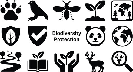 Fototapeta premium Collection of black silhouette icons representing biodiversity protection and ecological conservation concepts